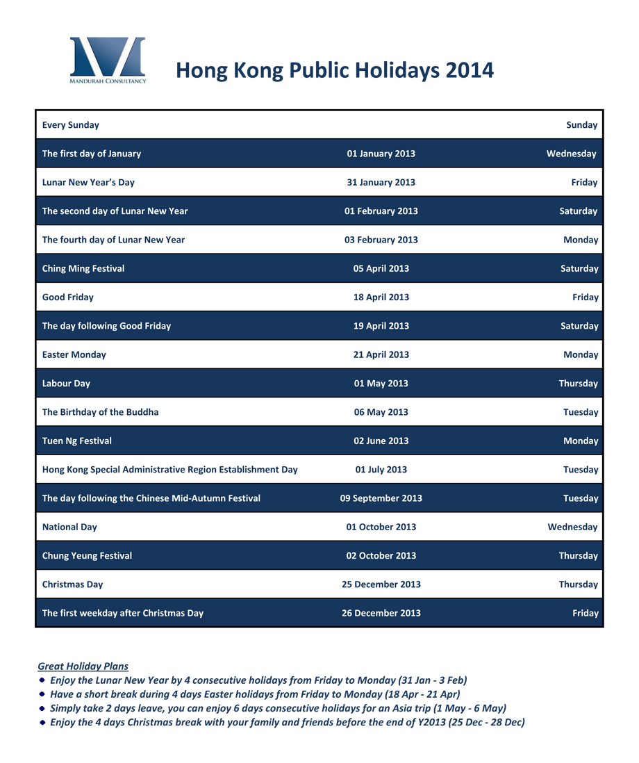 Public Holidays Y2014 (Hong Kong)